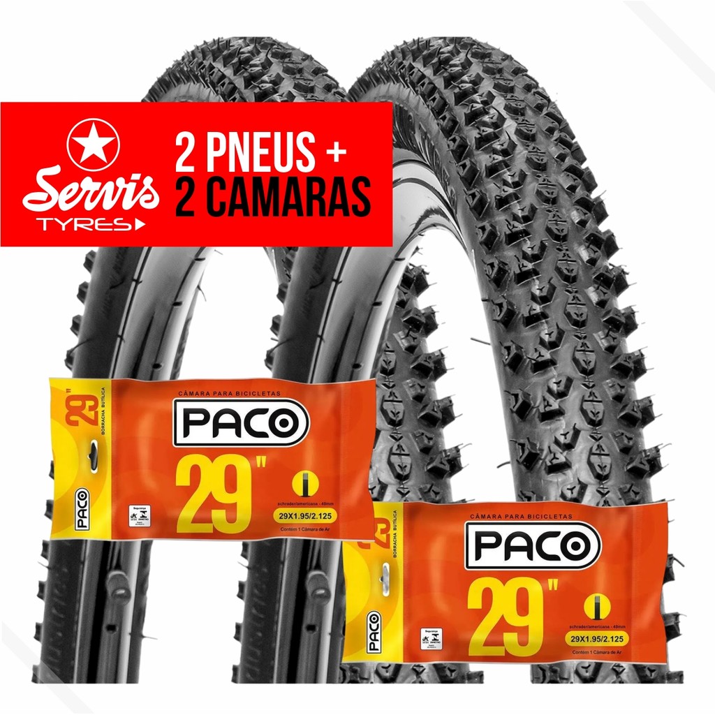 Par de Pneu Bike Aro 29X2.10  Mtb Zapper Plus Servis + 2 Camara de Ar 29 Bico Grosso Schrader Paco