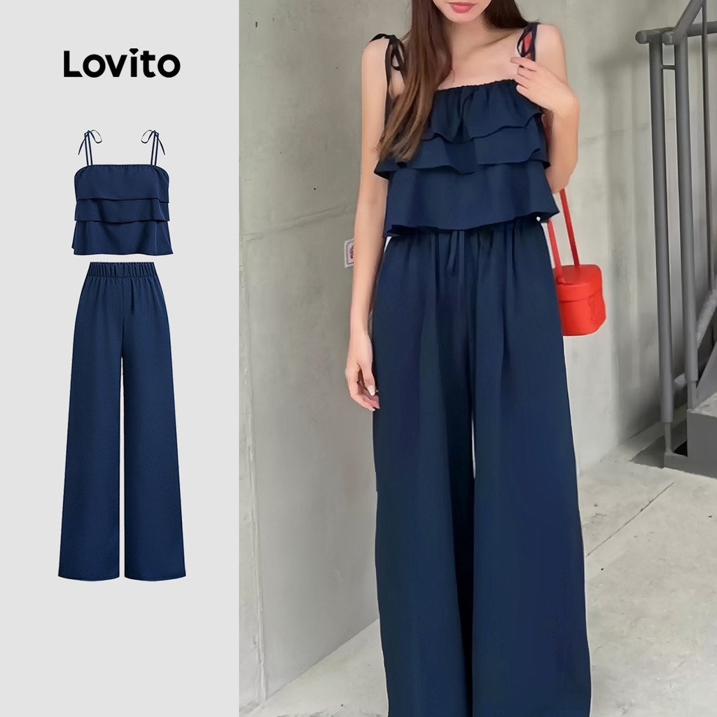 Lovito Conjuntos De Calças E Blusas Casuais Com Babados Para a Primavera/verão L143ED251 em Oferta na Shopee