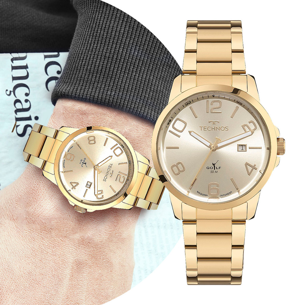 Relógio Masculino Dourado Analógico de Pulso com Pulseira e Caixa de Aço Inoxidável Luxo Elegante Technos Original