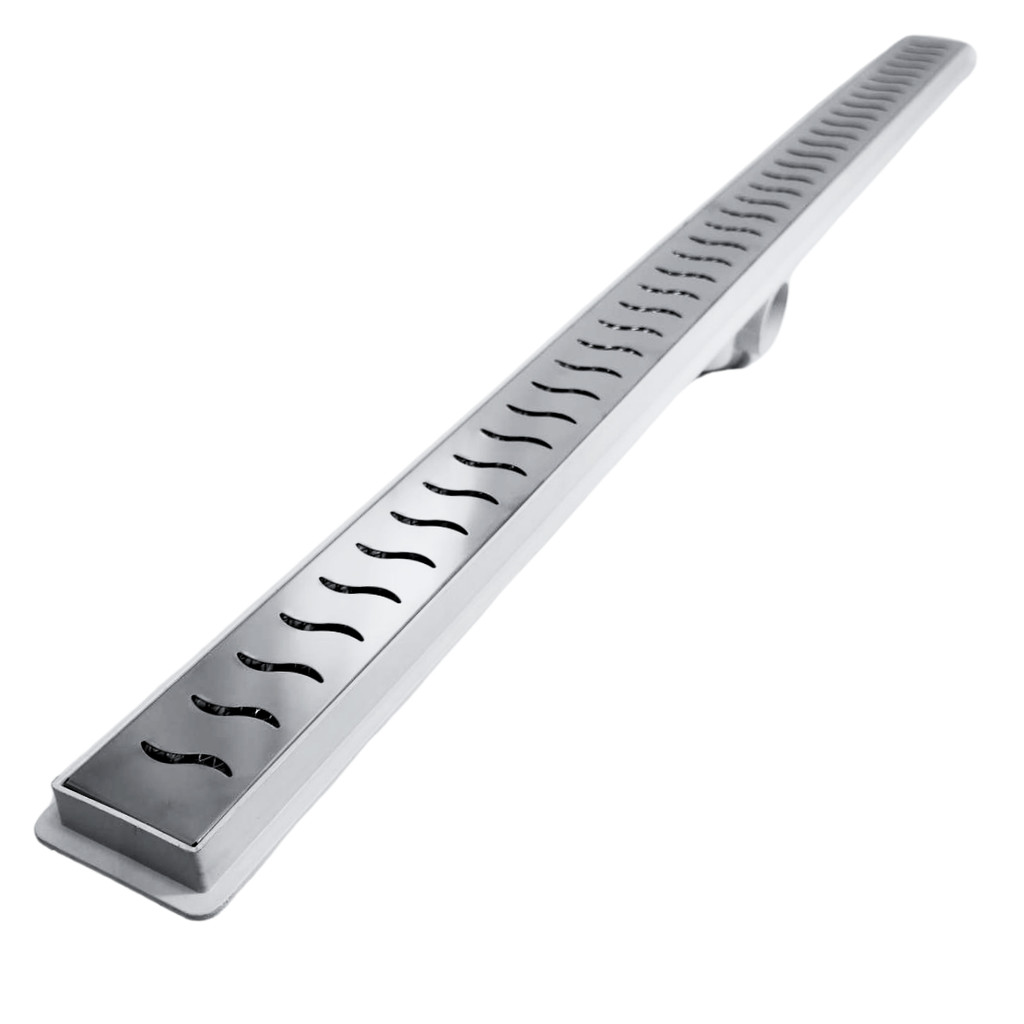 Ralo Linear Banheiro Seca Box 5x100 Inox Ondas Espelhado Coletor Branco com Sifão Tela (5cm x 100cm)