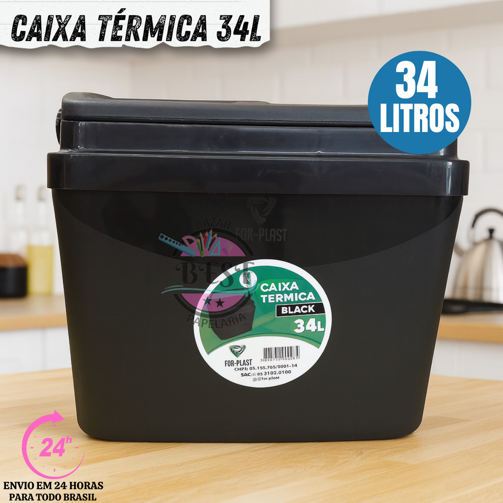Caixa Térmica Cooler Resistente Praia Camping Com Alça 34 Litros Black Porta Copos