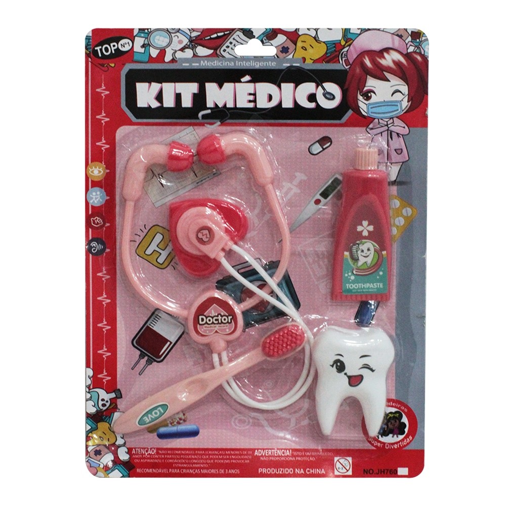 KIT MEDICO INFANTIL DENTISTA COM ESTETOSCOPIO + ACESSORIOS 4 PECAS DIA DAS CRIANÇAS