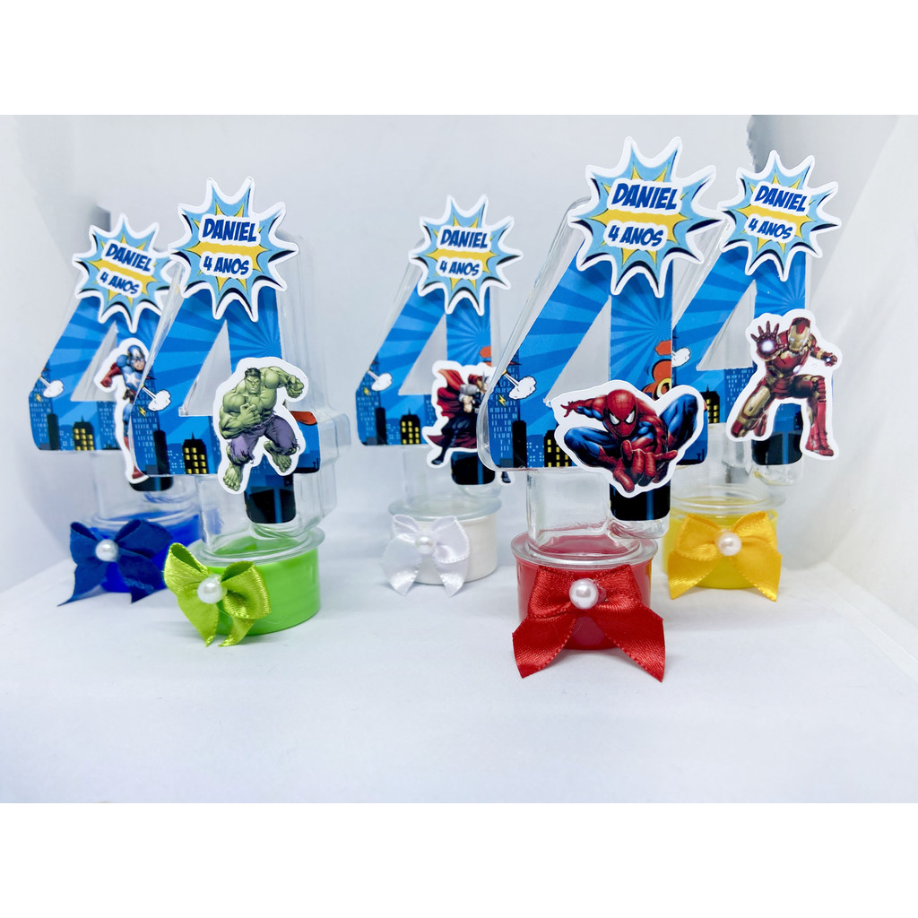 Kit com 10 Tubetes número 4 Personalizado Homem Aranha / Hulk / Capitão América / Homem de Ferro / Thor - Vingadores