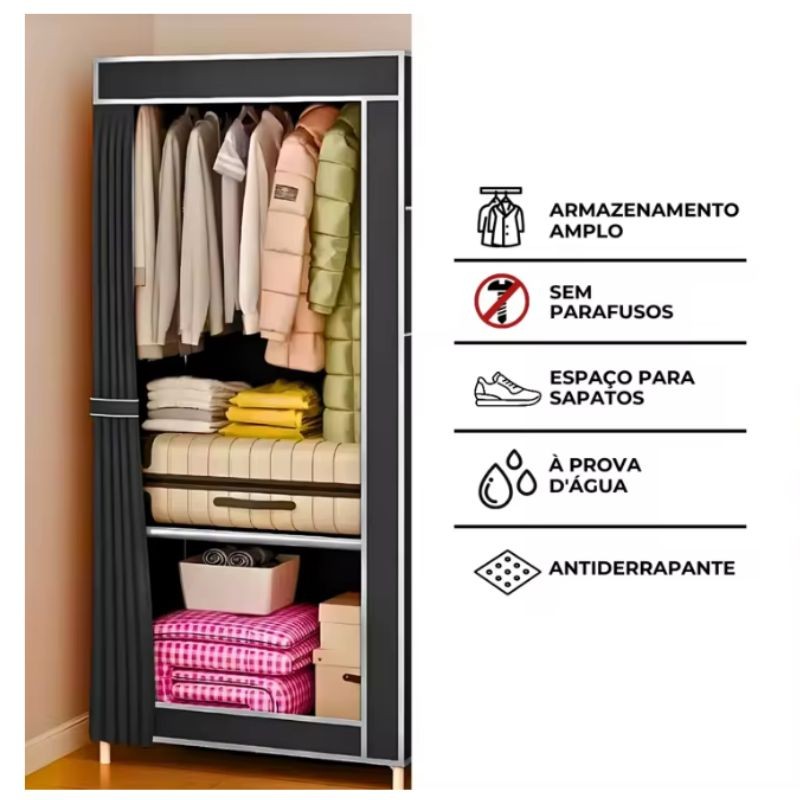 Detalhes do Guarda Roupa Dobrável Roupeiro Portátil Pequeno 44x56x146cm DT9389