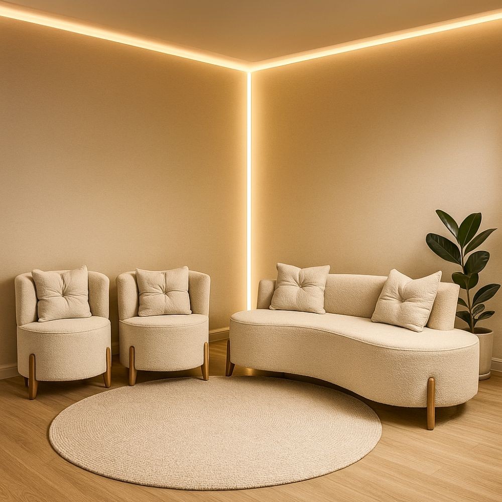 Conjunto 2 Poltronas + Sofá Curvo Orgânico Luna Boucle Off White Pés de Madeira - Montanaris Decor em Oferta na Shopee