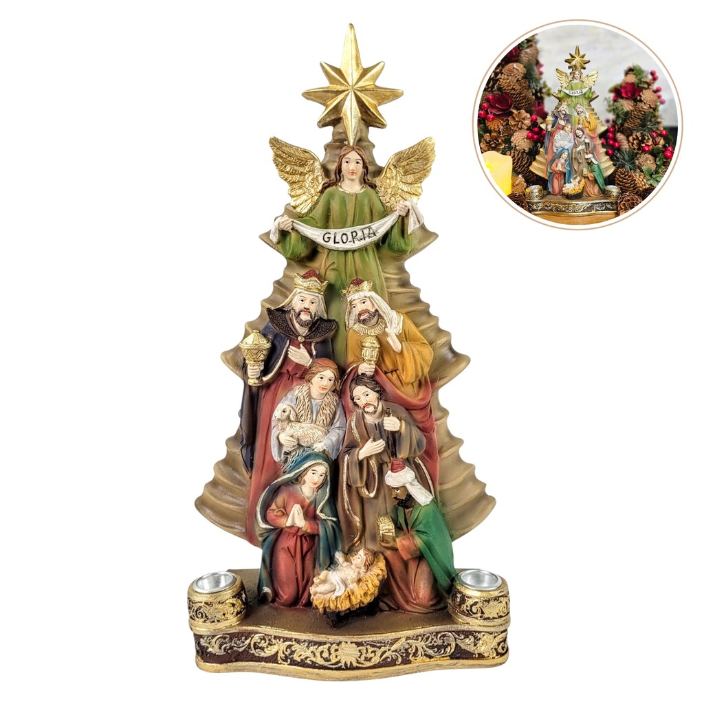 Presépio Natal em Árvore Resina 30cm Colorido Decoração Luxo