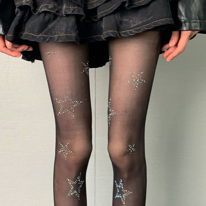 Y2k Estrela Diamante Strass Fishnet Sexy Feminino Meia-Calça Coxa Meias Altas JK Lolita Meninas Kawaii