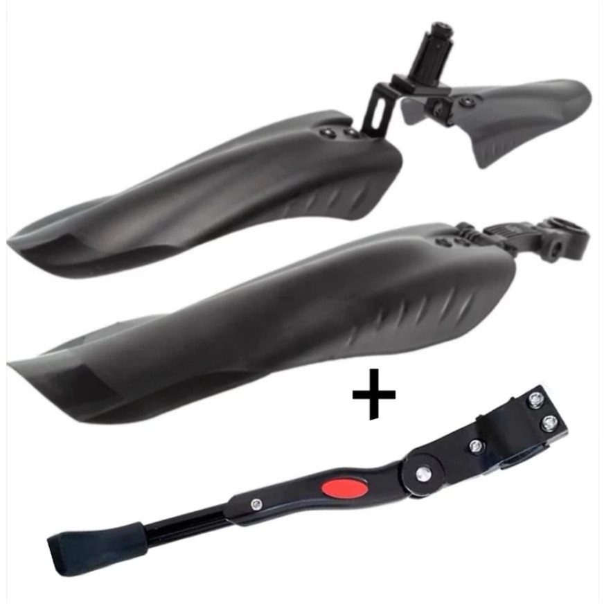 Kit Paralama Bike 3 peças regulavel preto Descanso Lateral Pezinho preto Regulável para bicicleta