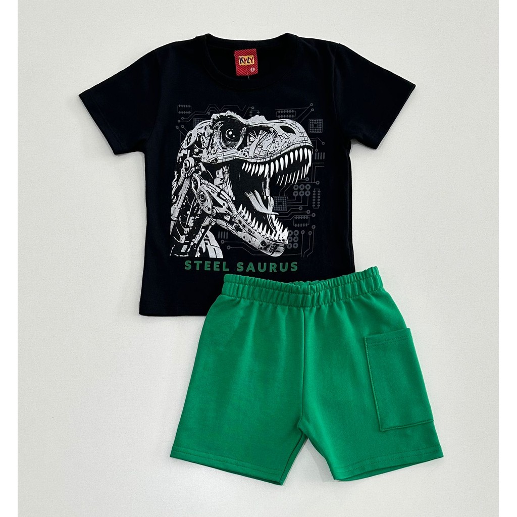 Conjunto infantil Kyly Camiseta Preta Dinossauro e Bermuda Verde Moletom