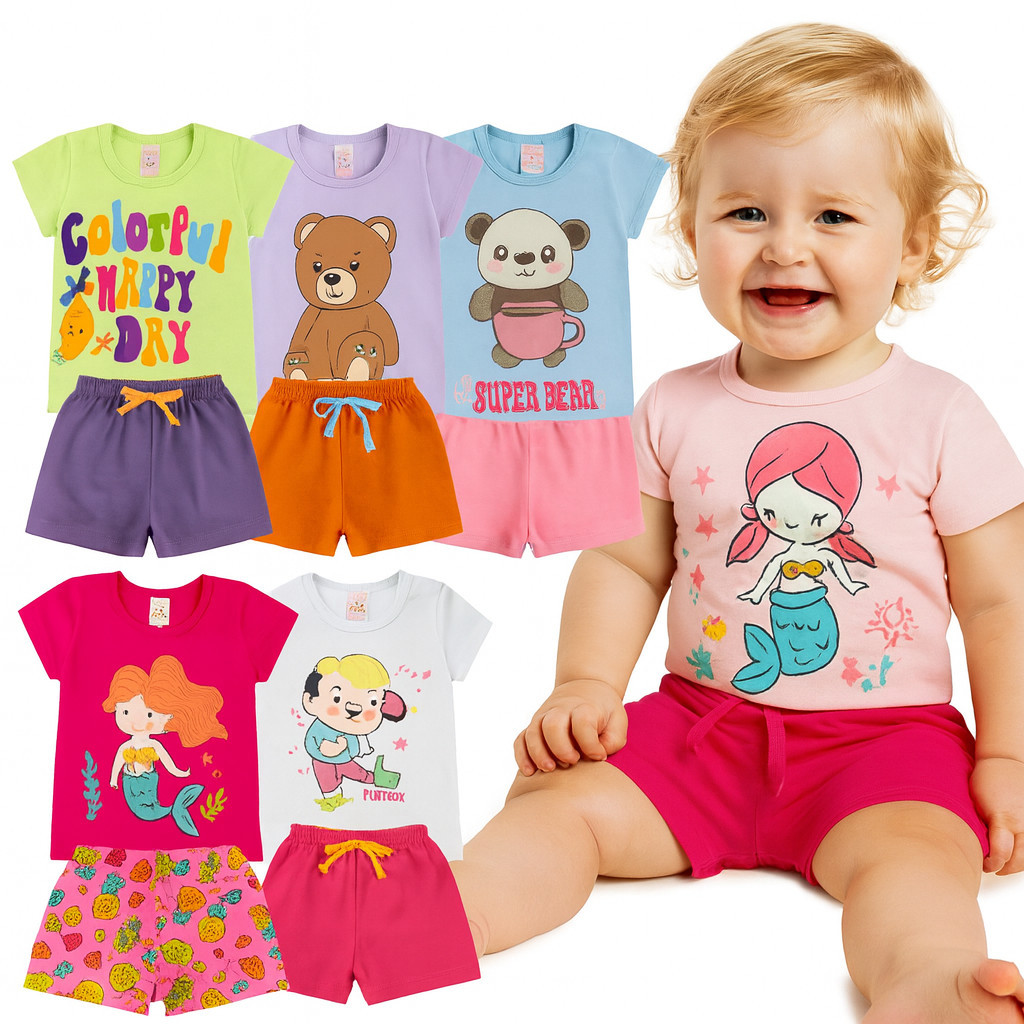 Kit Sortido 2 ou 6 Peças de Roupas Infantil Menina Camisetas manga curta Bermudas Conjuntos Infantil Menina Verão Bebê 