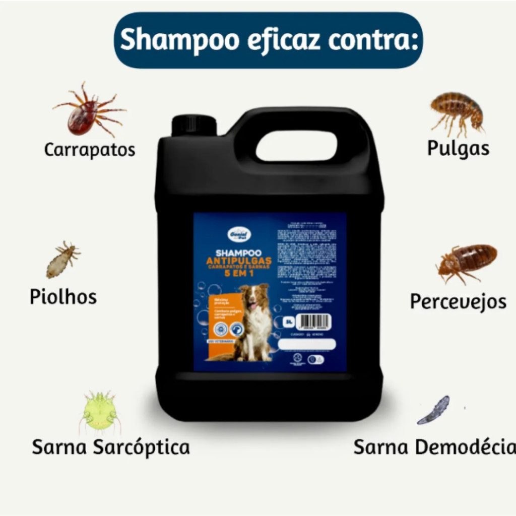 Shampoo Antipulgas, carrapatos e sarna 5 em 1 Galão 5 Litros para Cães.