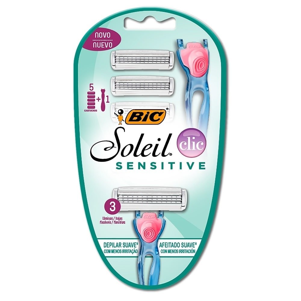 Aparelho de Depilação Bic Soleil Sensitive Click 3 Lâmina Flexível + 5 Cargas em Oferta na Shopee