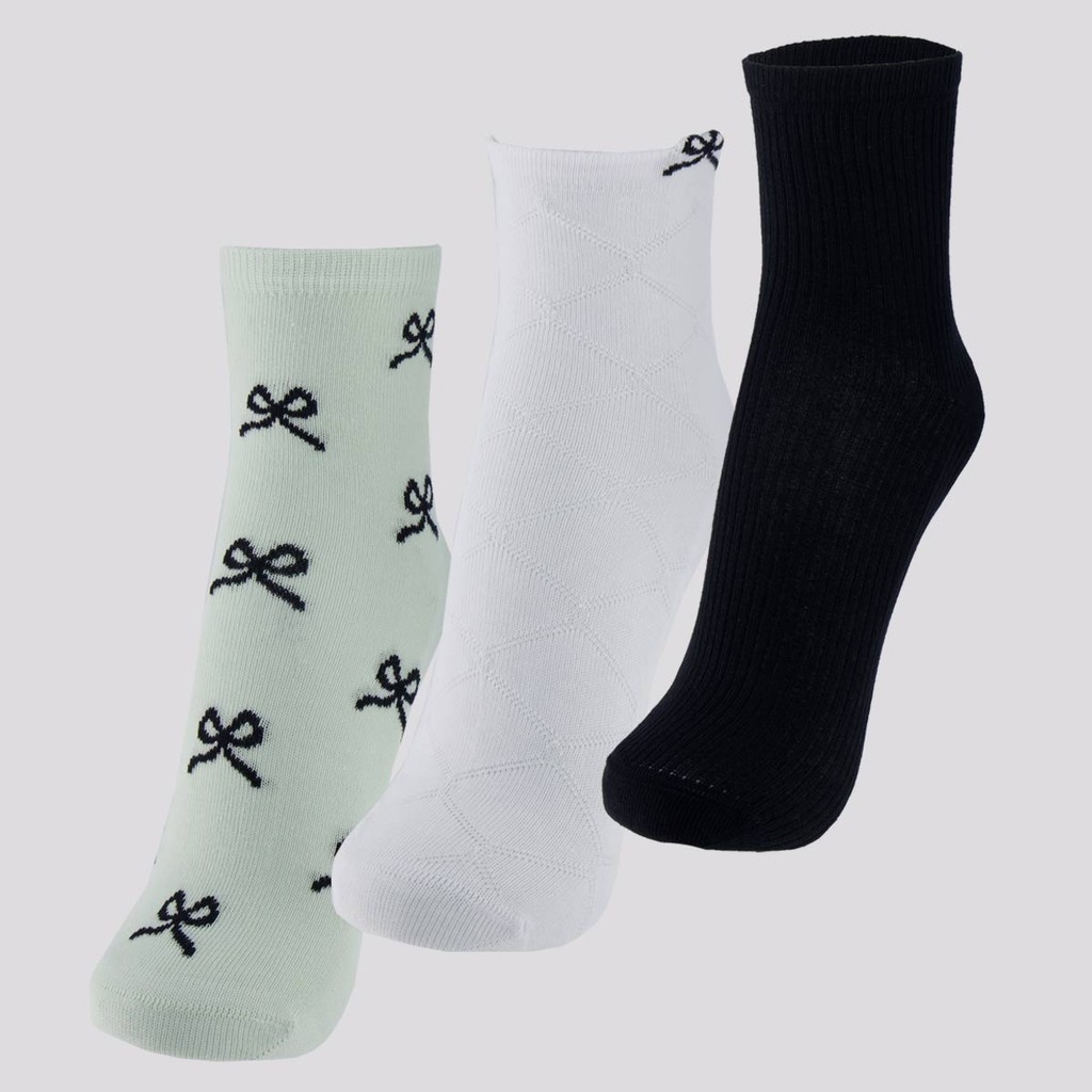 Kit Meia Selene 3 Pares Soquete Feminino Verde Preta e Branca