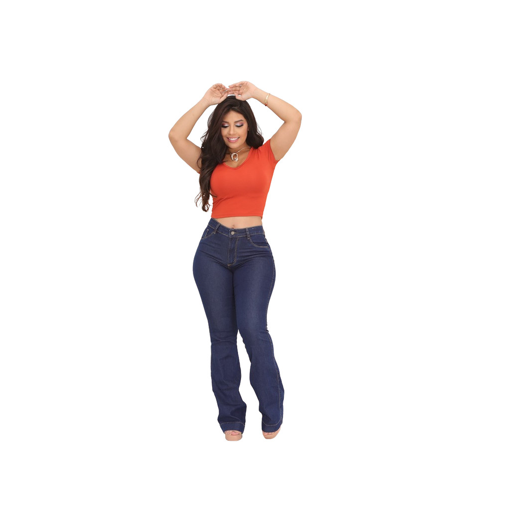 Calça Jeans Flare Feminina Cintura Alta Básica Bolsos - CAMBOS JEANS