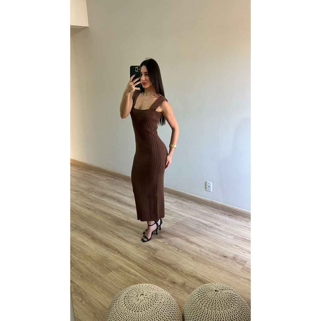 Vestido Midi Canelado Alça Grossa Básico Tricot Verão