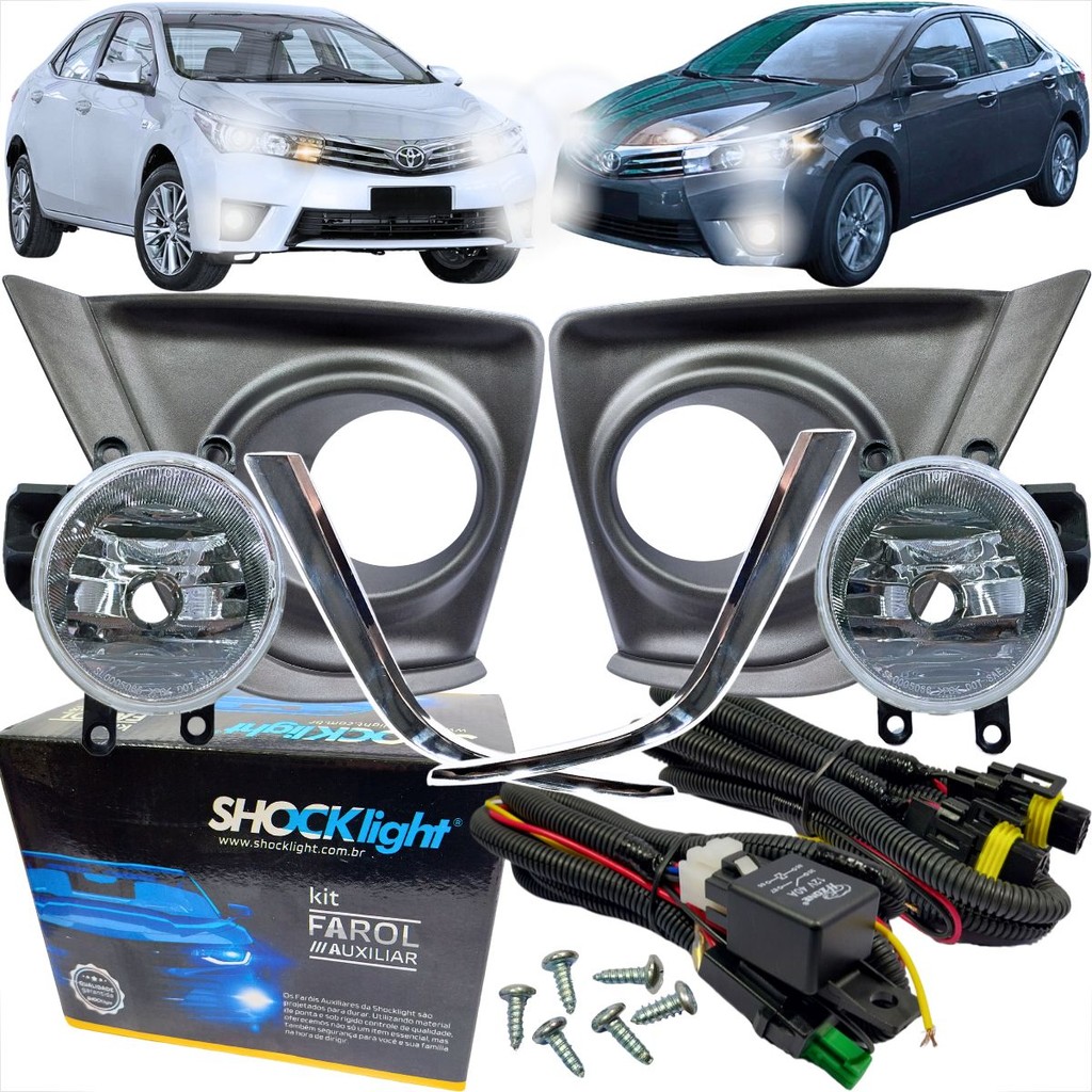 KIT FAROL DE MILHA TOYOTA COROLLA 2014 ATÉ 2017 MOLDURA CROMADA BOTAO MODELO ORIGINAL