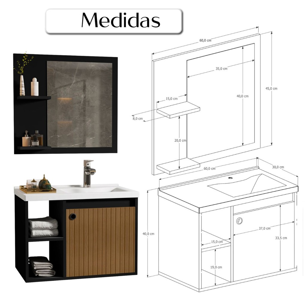 Conjunto Gabinete Banheiro 2 Nichos 60cm com Espelheira e Cuba Armario Para Banheiro Com Pia