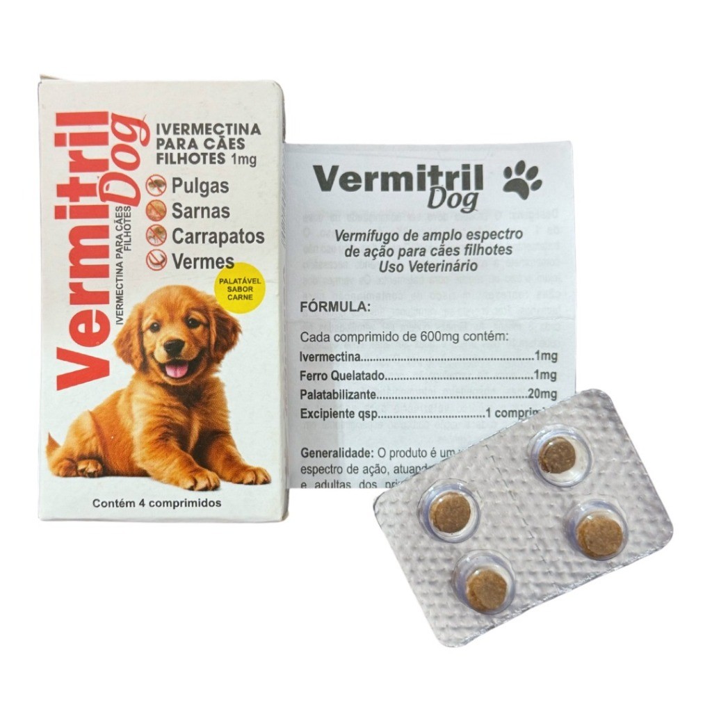 Vermitril Cães Filhotes 3kg Vermifugo - Anti Pulgas E Carrapatos 12 Comprimidos mastigáveis