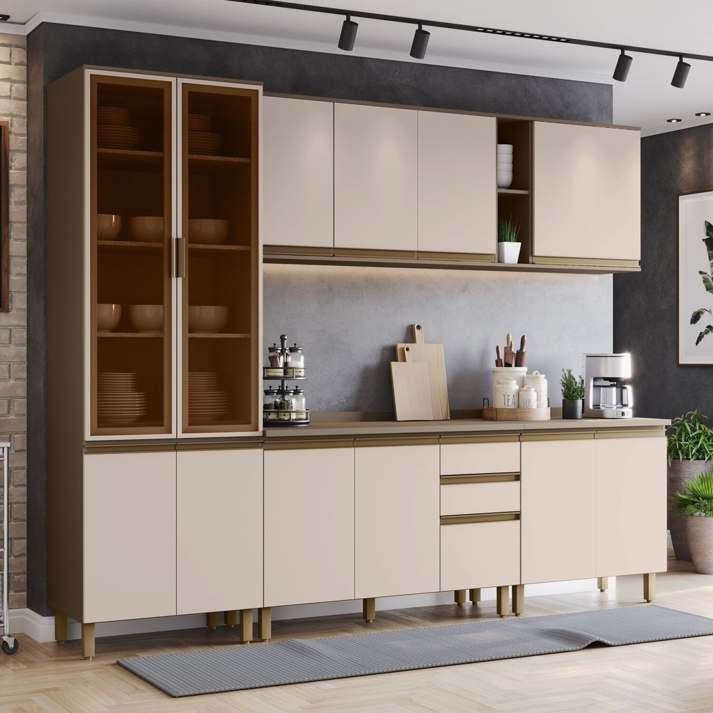 Cozinha Completa Modulada 6 Peças 100% MDF com Cristaleira Connect Marrom/Duna/Cristal