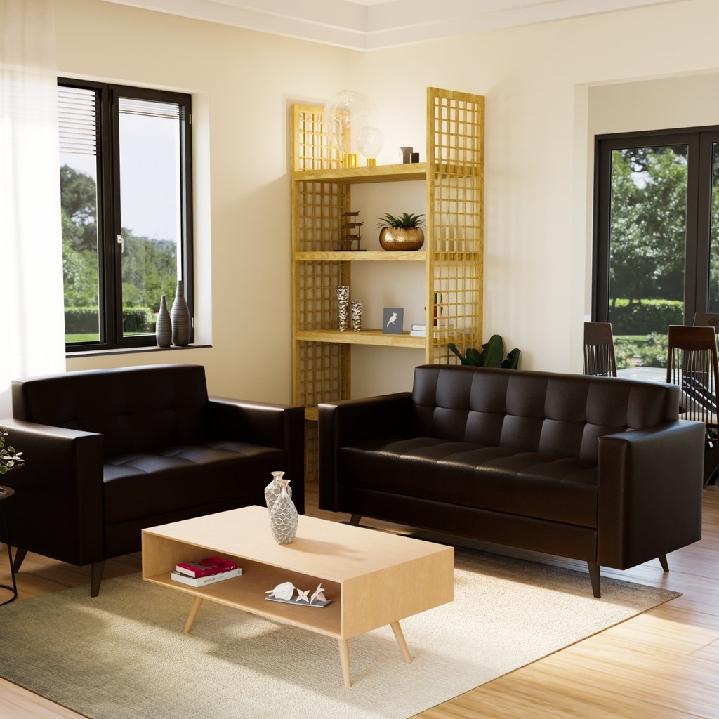 Conjunto de Sofás 3 e 2 Lugares Fixo Retrô Corino Marrom Vitrola