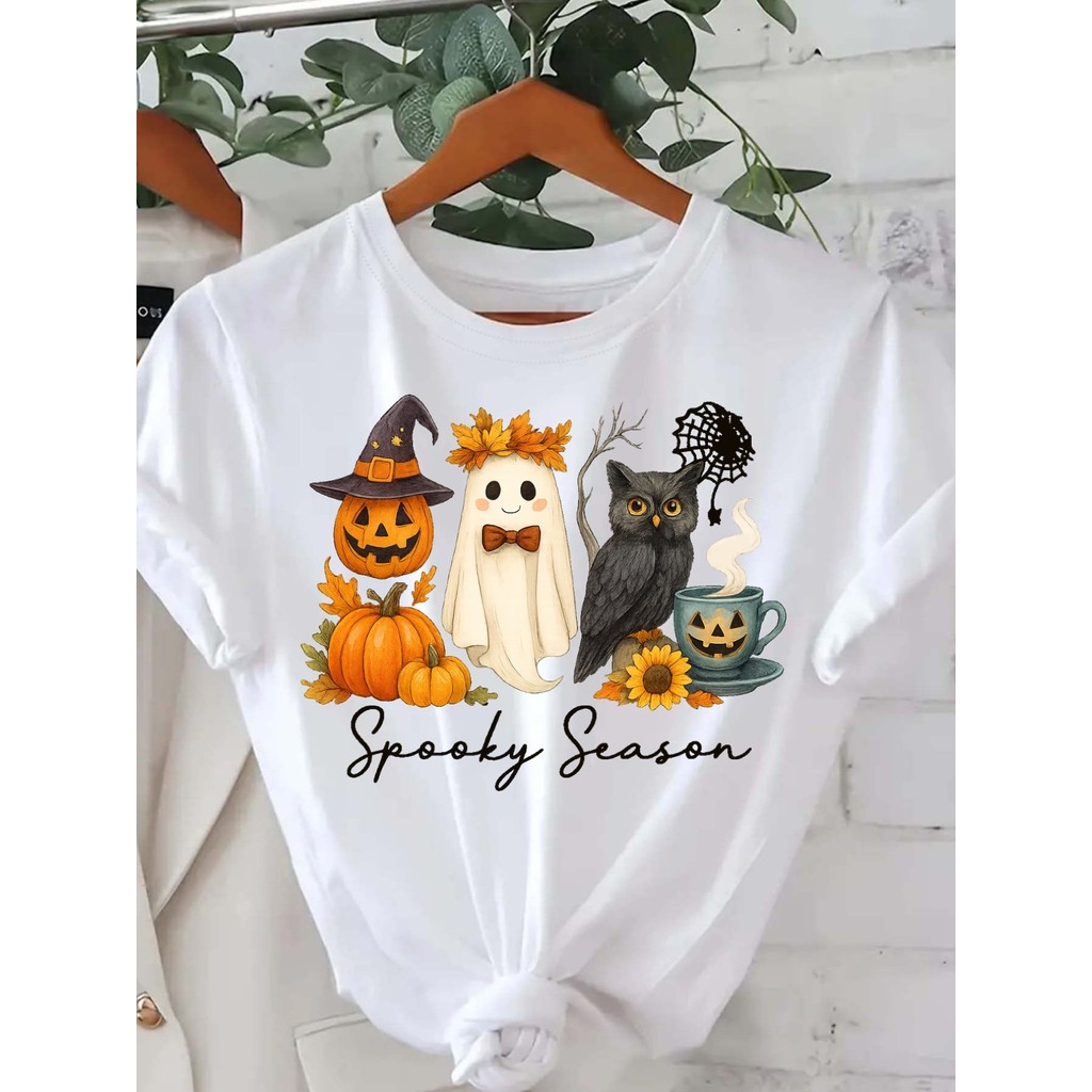 Camiseta Feminina Halloween Fantasma Abóbora Bruxa Única 100% algodão