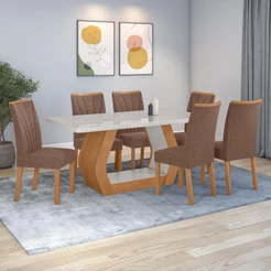 Conjunto Sala de Jantar Mesa Easy Tower 170x90cm MDF/Vidro com 6 Cad Confort Couro Avelã Amendoa/off