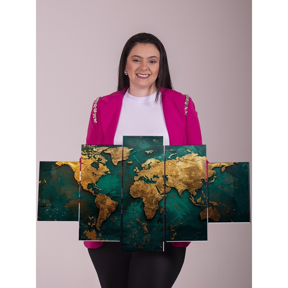 Quadro Decorativo Mapa Mundi Dourado 5 Peças Painel Sala Escritório Moderno Luxo Parede Grande