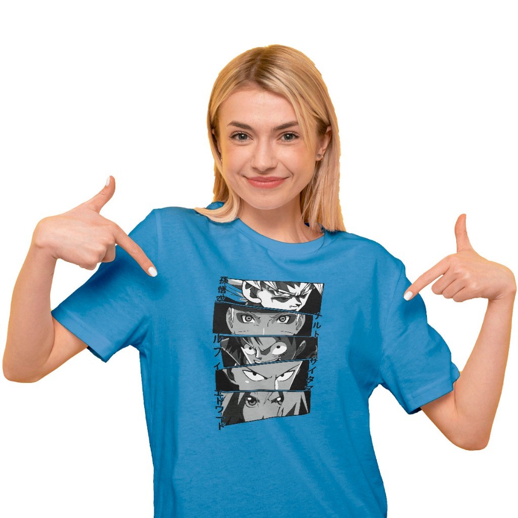 Camiseta Unissex Estampada Anime Olhos Personagens Goku Dragon Ball Naruto Luffy One Punchman FullMetal 100% Algodão