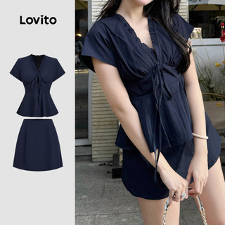 (Casual) Lovito Blusas ou Saias com Babado Primavera/verão Blusa Azul Blusas ou Saias para Mulheres L154ED326