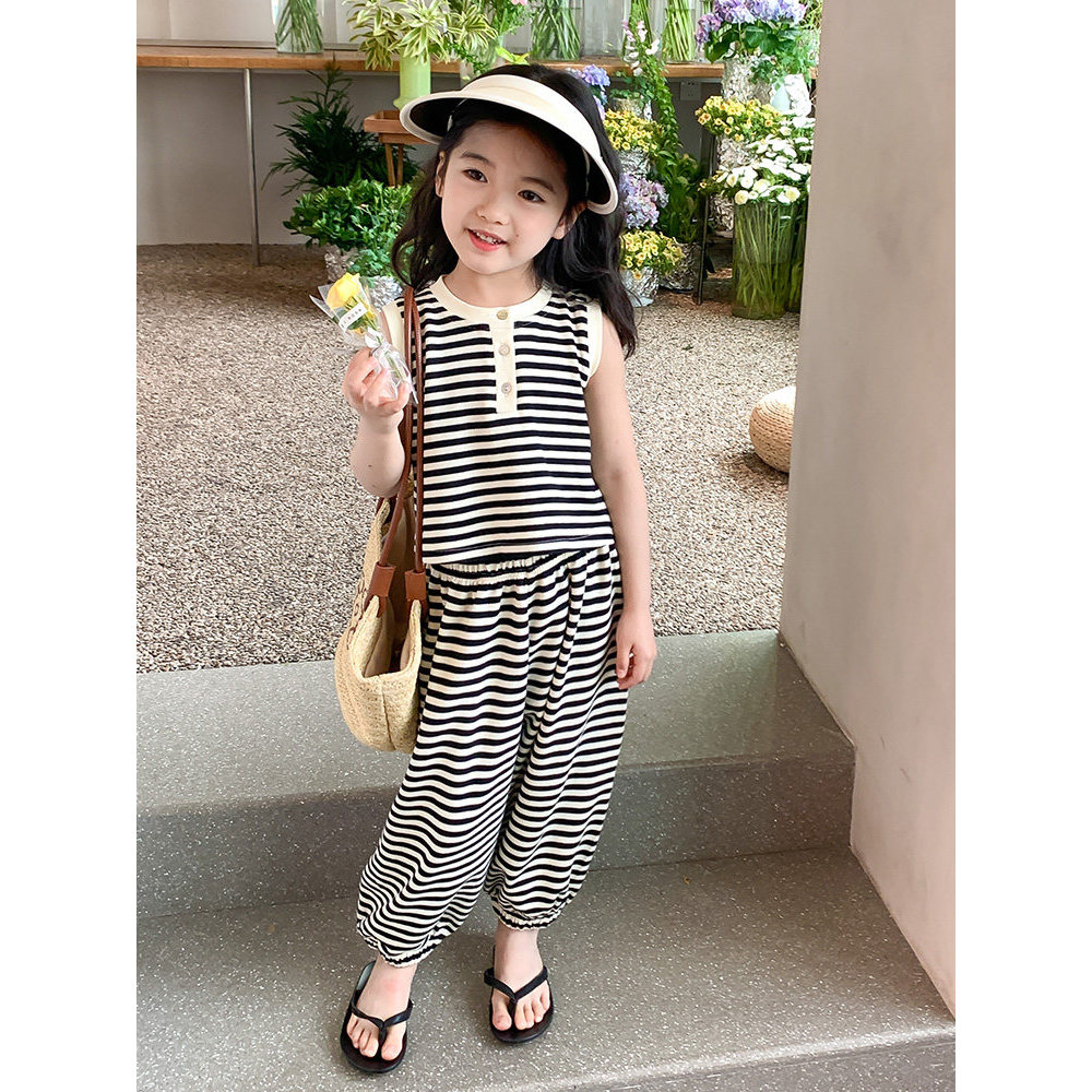 Crianças Casual listrado terno estilo verão meninas camiseta calças verão meninas crianças versão coreana simples roupas