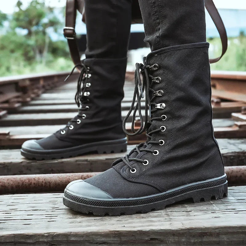 Botas masculinas de cano médio em lona, com cadarço, táticas, tênis de cano alto, botas militares, sapatos de trabalho,