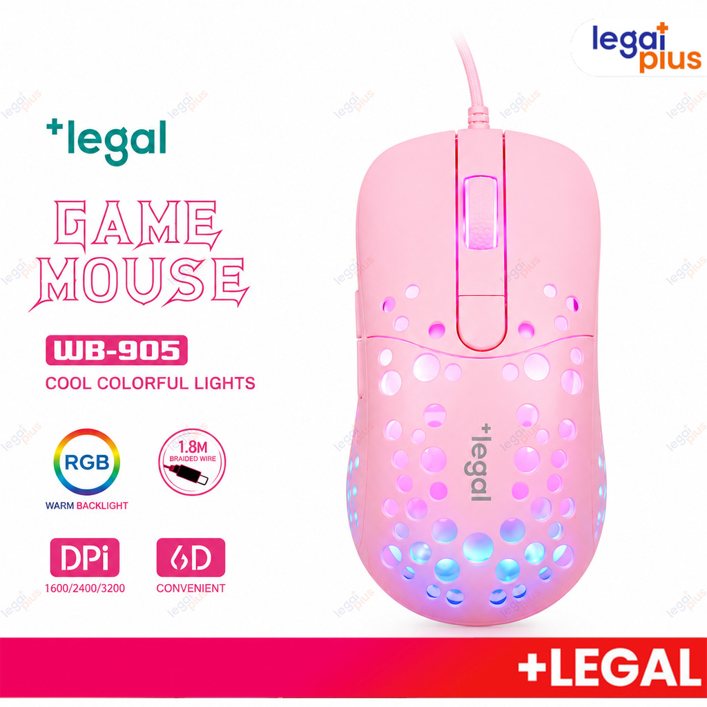 Mouse Gamer Feminino Rosa Colmeia Com Fio 3200 DPI RGB Ergonômico para PC Notebook e Laptop