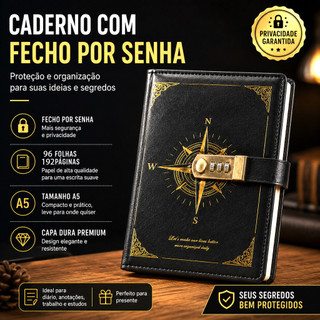 Caderno A5 de 192  páginas com cadeado de combinação (senha de 3 dígitos) e capa em couro…