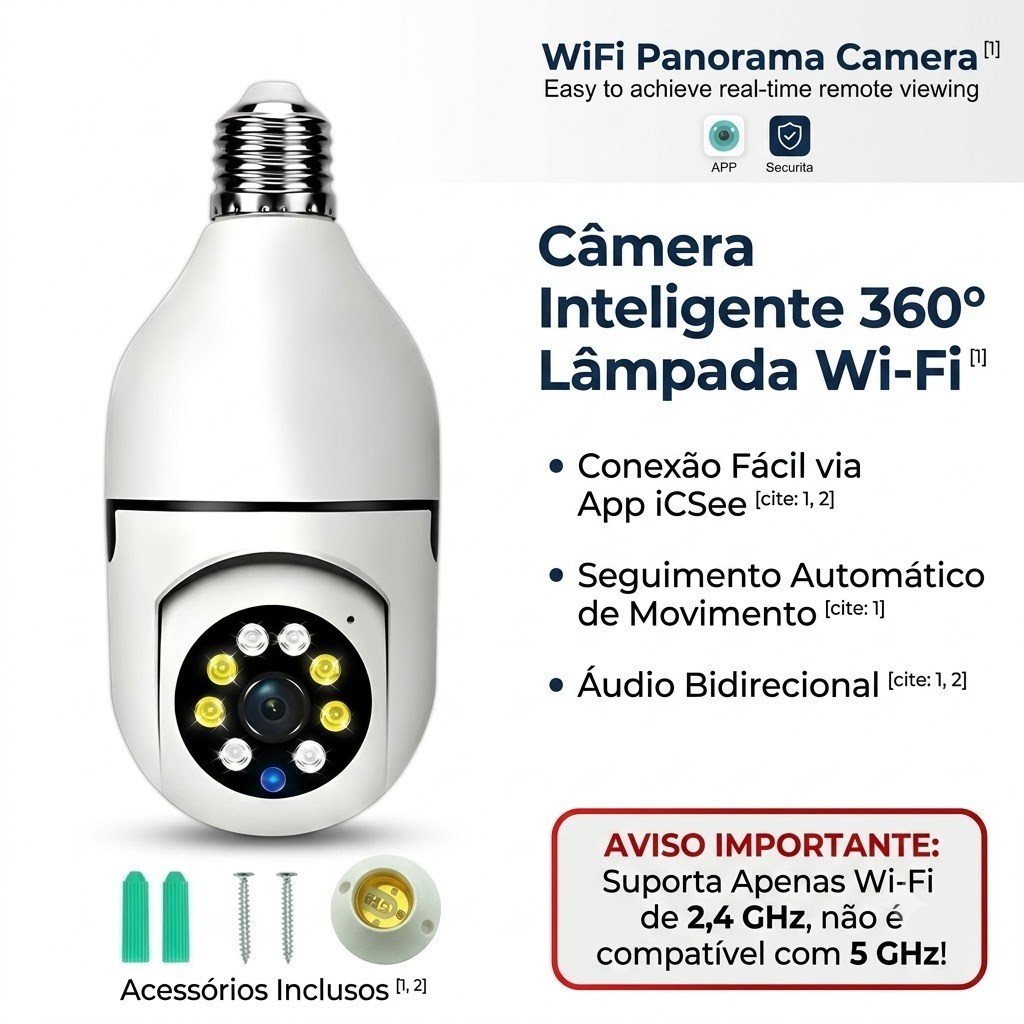 Lâmpada com câmera, Wi-Fi, rotação de 360°, interface E27, visão noturna HD, segurança inteligente, iCSee