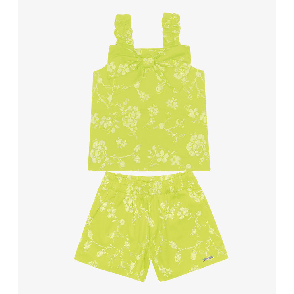 Conjunto Blusa E Shorts Popeline Floral Trick Nick Verde