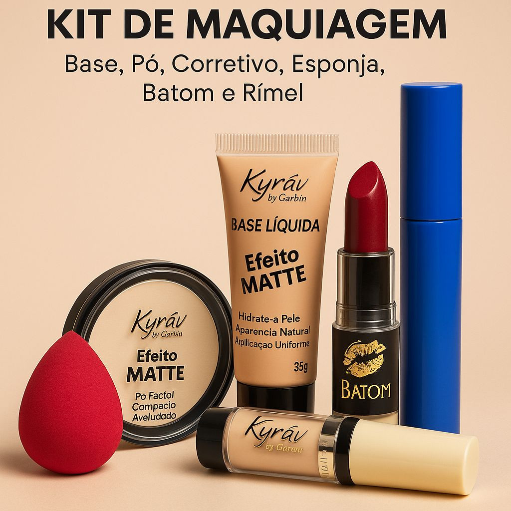 Kit de Maquiagem Base, Pó, Corretivo, Esponja, Batom e Rímel