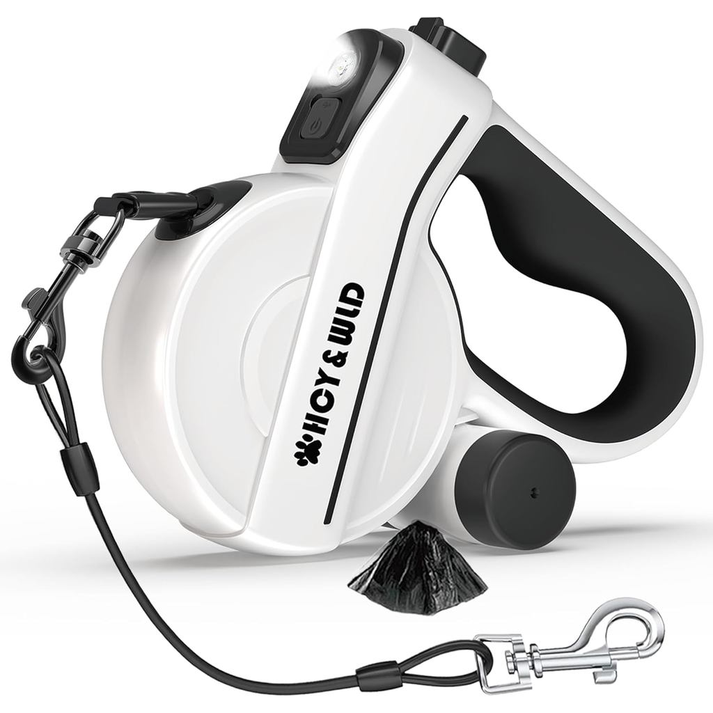 HCY&WLD Coleira Retrátil com Lanterna LED e Suporte para Sacos de Lixo, Coleira Multifuncional de 16 pés com Extensor à 