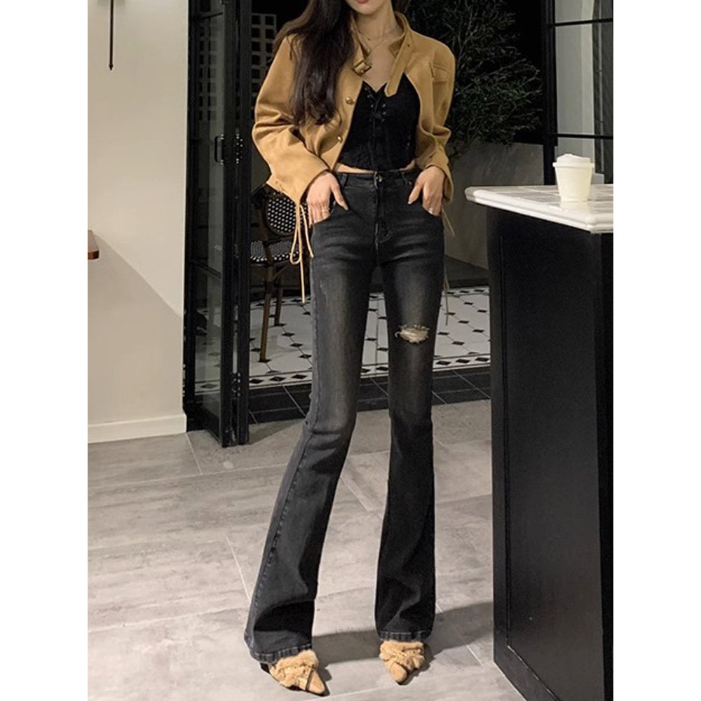 Calças de inverno femininas novo estilo 2025 venda quente Micro-flare Jeans em linha reta pequeno rasgado queimado calça