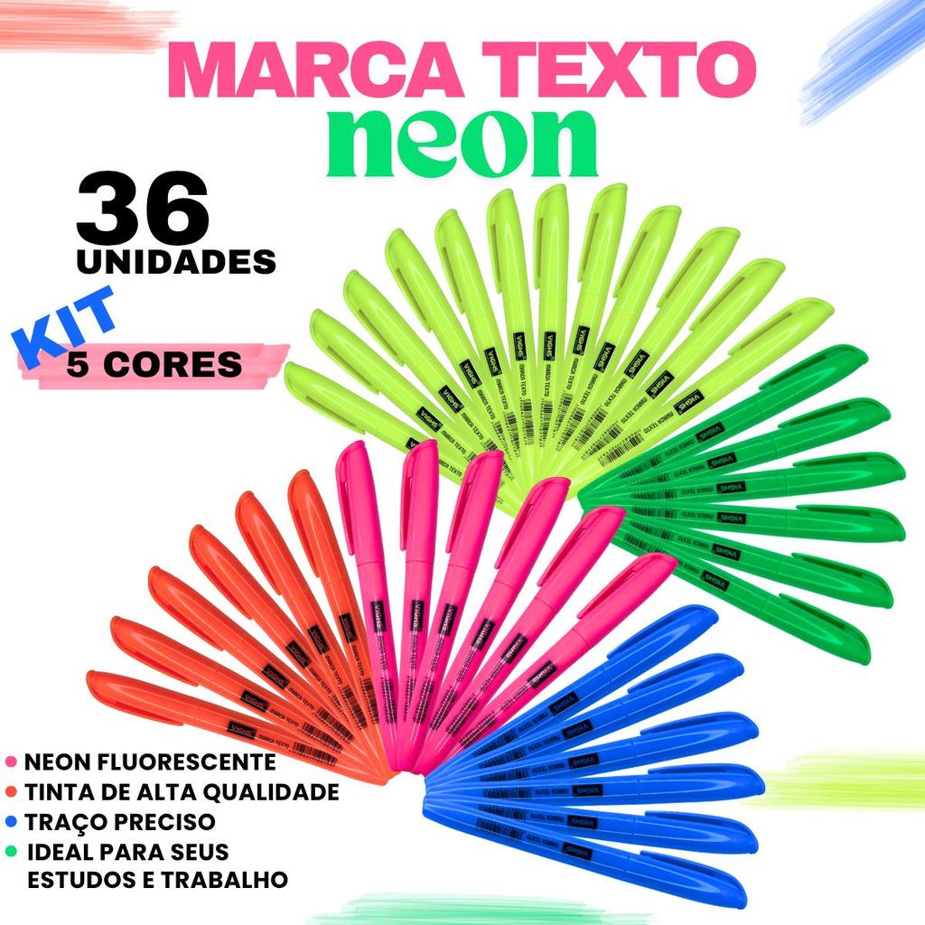 Kit 36 Canetas Marca Texto Vighs Neon e Pastel