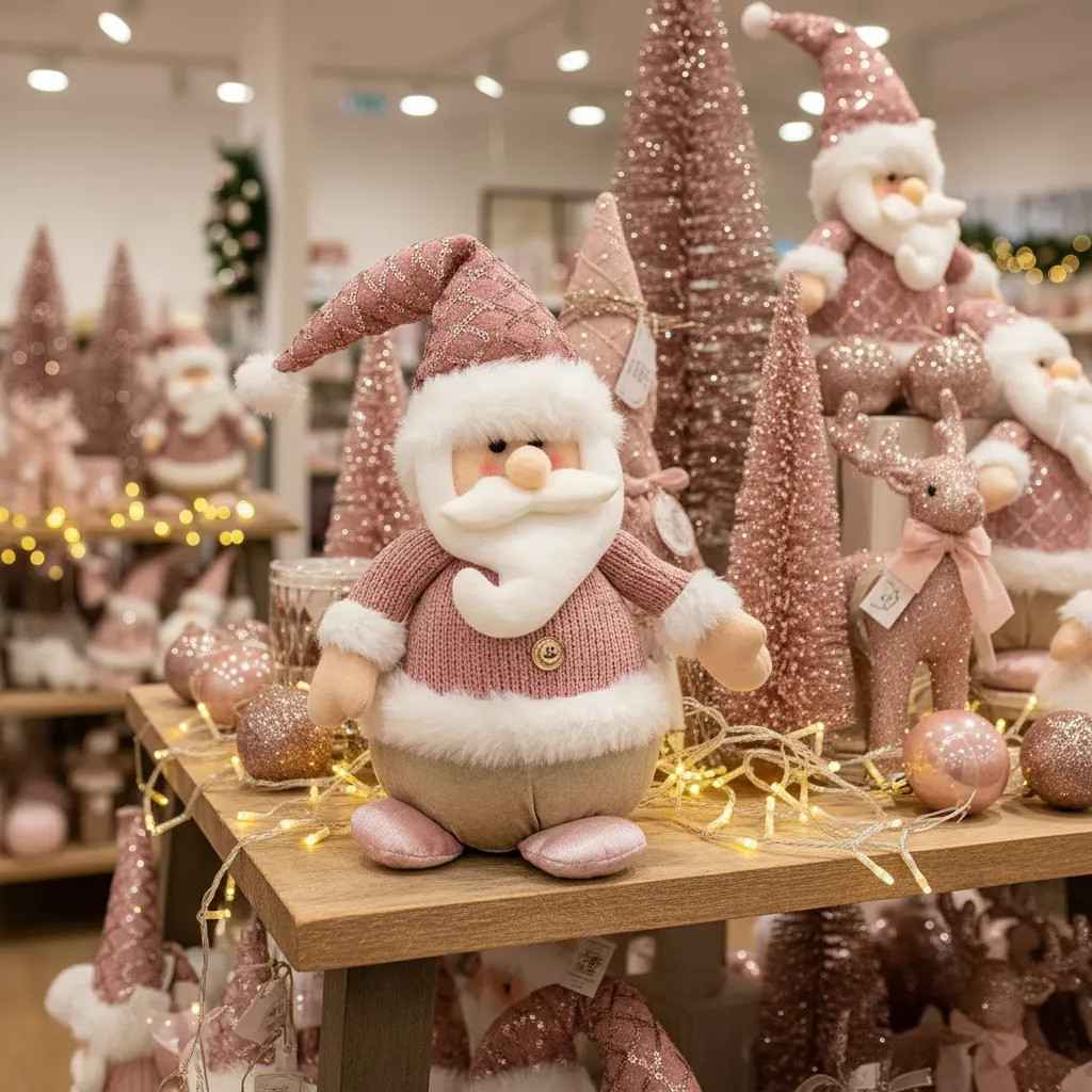 Boneco Papai Noel Rosa Em Pé Pelúcia Decoração Natal 38cm