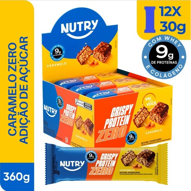 Barra Crispy Protein Zero Caramelo Nutry Com 12 Unidades De 30g