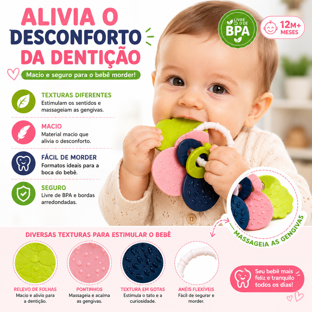 Kit Mordedor Infantil 4 Peças Chocalho Sensorial Brinquedo Educativo para Dentição Bebê