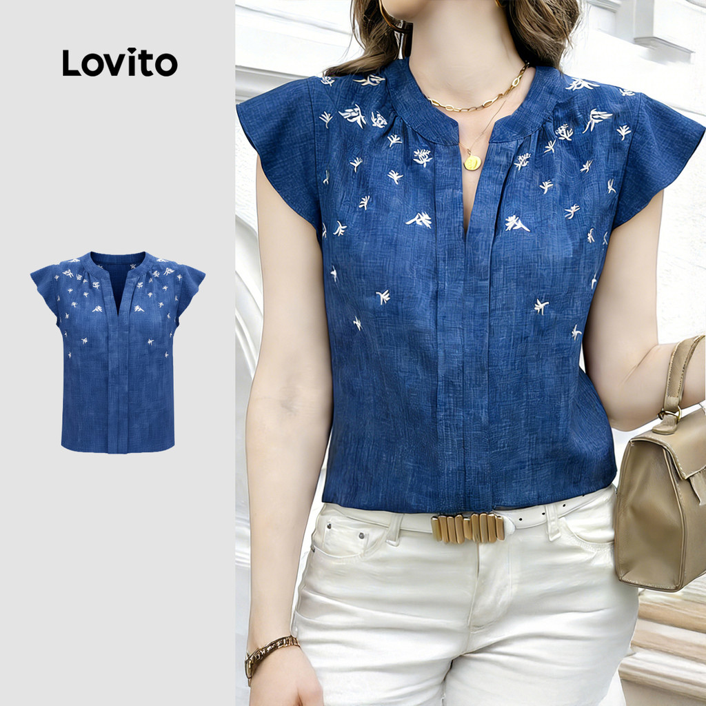 Lovito Blusa Boho Estampa Imitação de Denim Primavera/verão Azul Blusa Feminina LK5EDD474