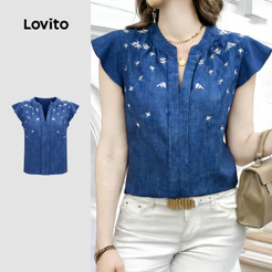 Lovito Blusa Boho Estampa Imitação de Denim Primavera/verão Azul Blusa Feminina LK5EDD474