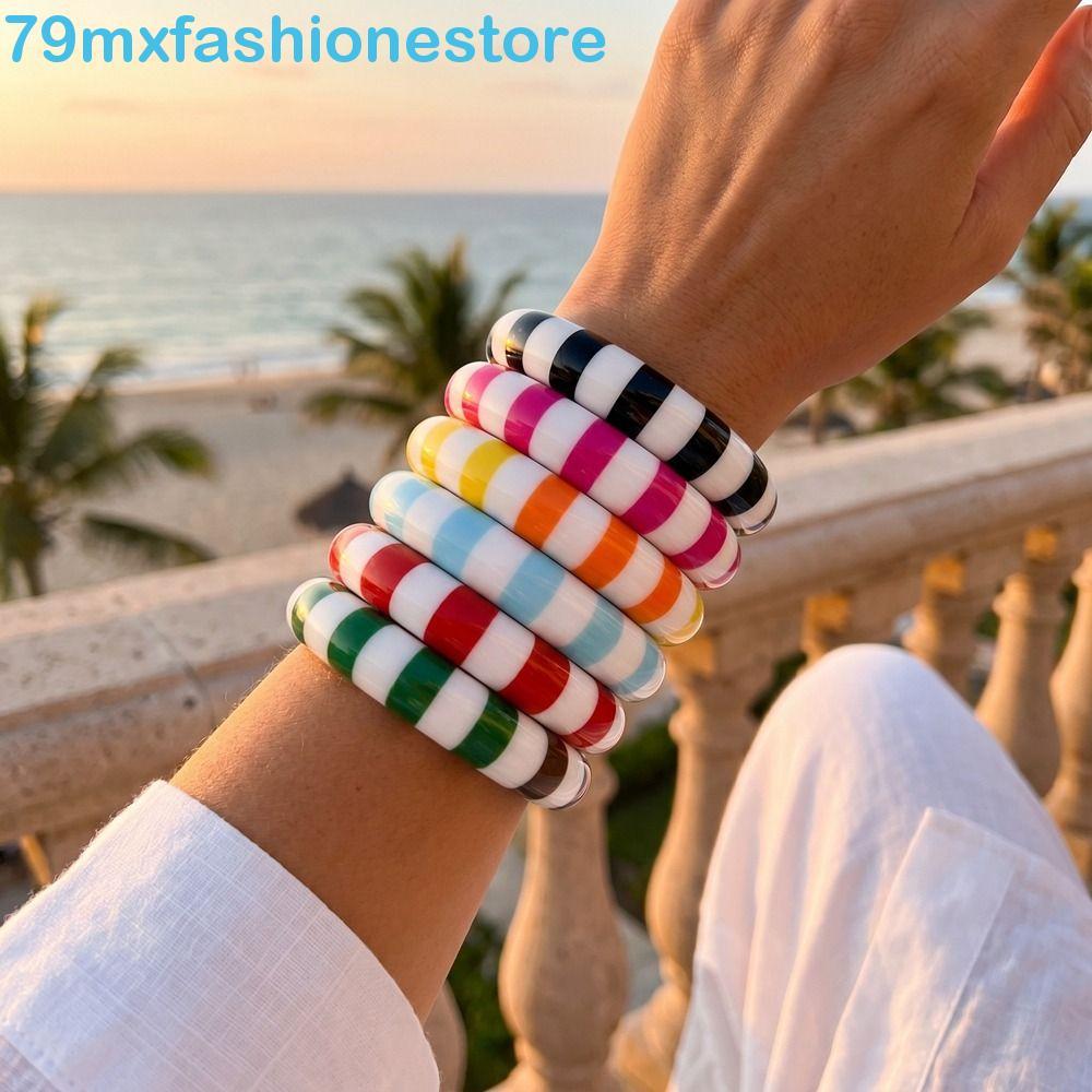 Pulseira Listrada MXFASHIONESB , De Resina Acrílica Tubo Curvo De Anel De Mão Coreano