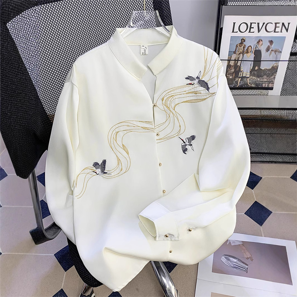 Nova camisa masculina com bordado de garça em estilo chinês, com toque vintage e sofisticado, gola alta de estilo nacion — imagem 2 de 2