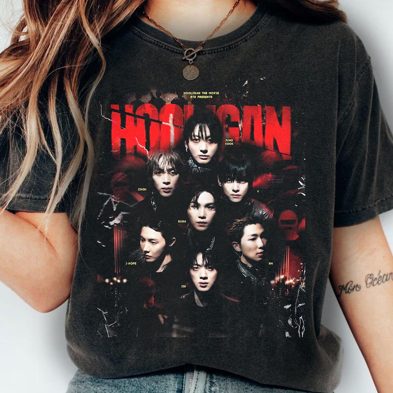 [Camiseta Premium em Algodão Puro]GXG Unissex Oversized Feminina Masculina BTS Hooligan, Estampa Vintage de Personagens