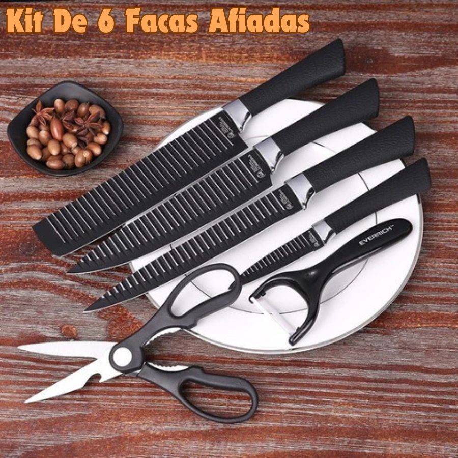 Kit De 6 Antiaderente Inox Facas Afiadas Preto Cozinha Profissional Para Uso Diário