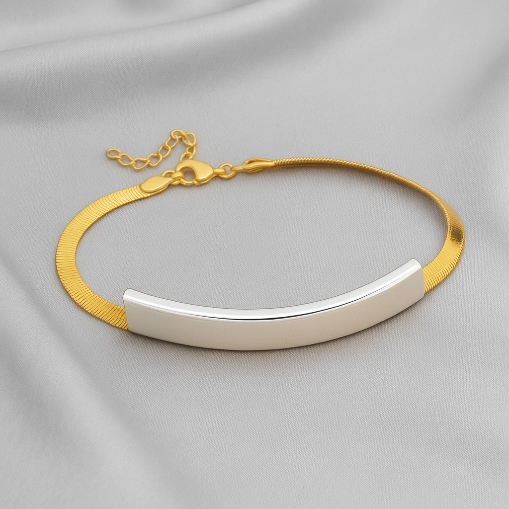Pulseira Regulável Fita Dourada com Parte Prata Removível Luxo Feminino Banhado a Ouro 18K