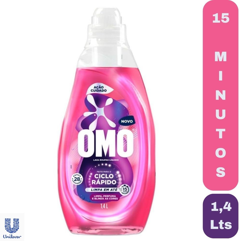 Lava-Roupas Omo Líquido Ciclo Rápido Lava e Perfuma em 15 Minutos Ação Cuidado Frasco 1,4 Lt